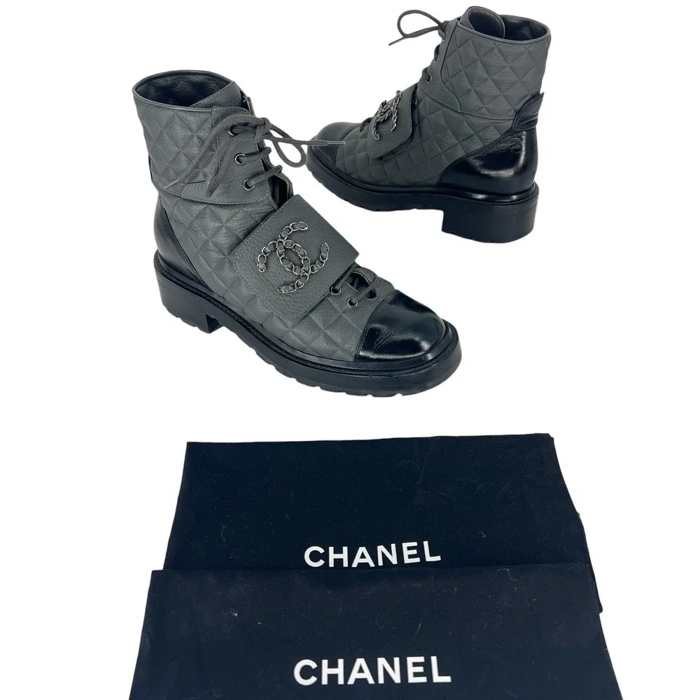 Chanel 2022 CC Chain Quilted Cap Toe Logo Combat Boots in Gray & Black Size 39.5
